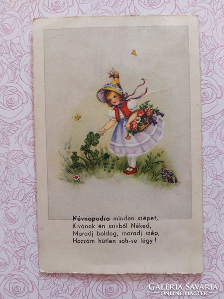 Régi képeslap 1942 feliratos levelezőlap kislány lóhere virágok