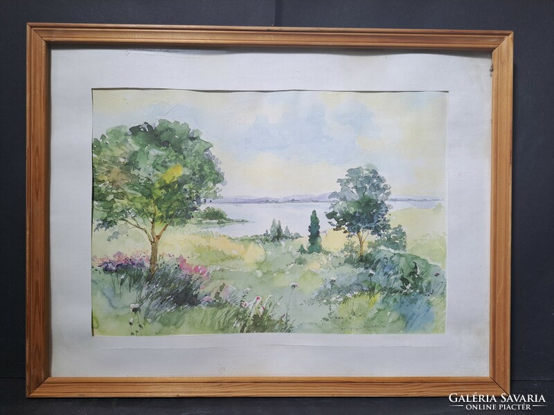 Waterside landscape with frame (42×32 cm) print after watercolor