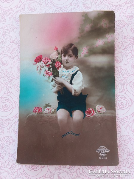 Old postcard photo postcard boy flowers