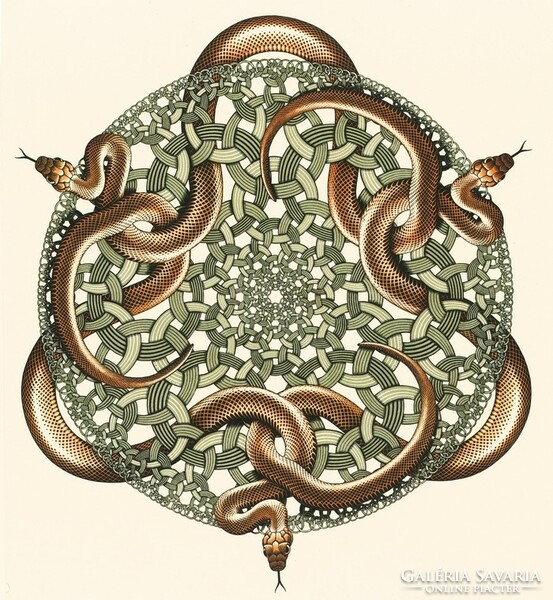 M. C. Escher graphic: snakes reprint print, geometric play symmetrical braid circle pattern
