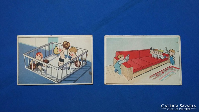 Két vicces régi képeslap: sportoló babák - gyerekek