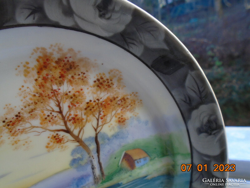 Hand-painted Japanese plate with landscape, silver rose rim