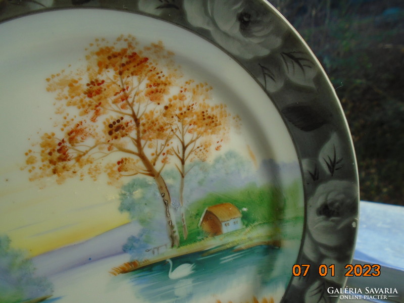 Kézzel festett japán tányér tájképpel, ezüst rózsás peremmel