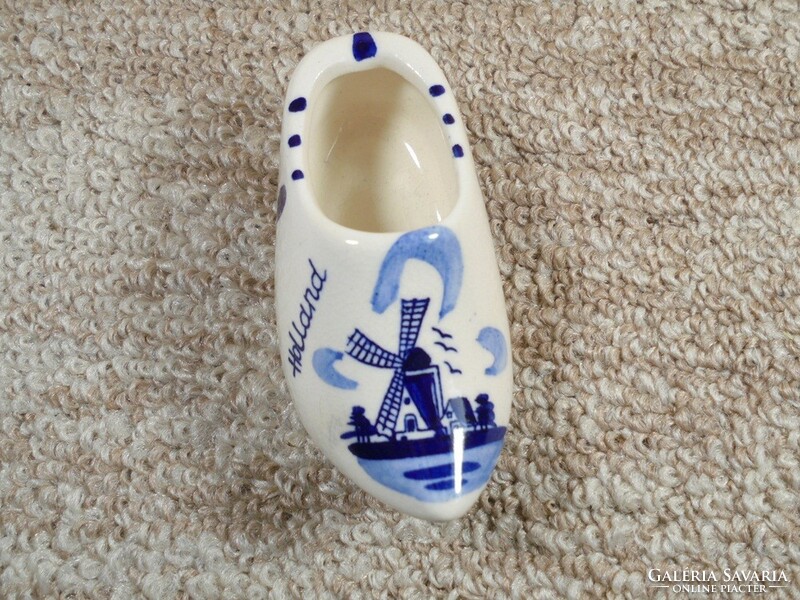 Régi kerámia Holland "fapapucs" papucs cipő - Holland emlék szuvenír - festett kék szélmalom minta