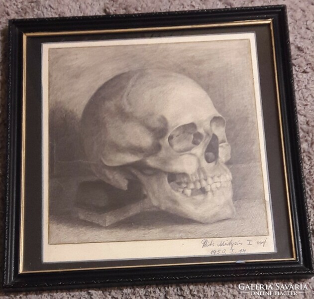 Mátyás Réti 1950 pencil drawing, skull