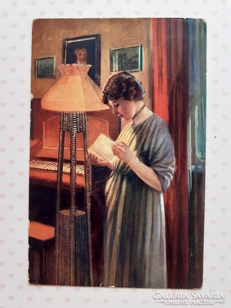 Old postcard 1916 lady reading lady art postcard