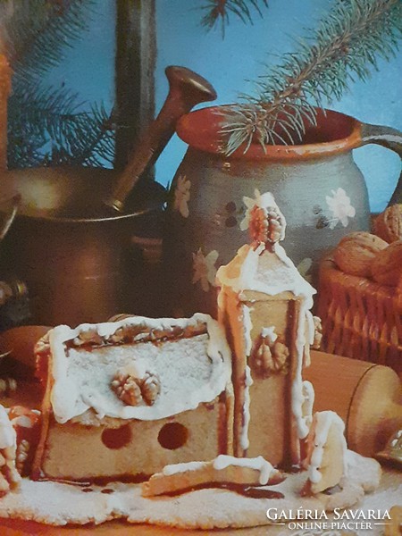 Retro karácsonyi népies régi levelezőlap mézeskalács mozsár szilke