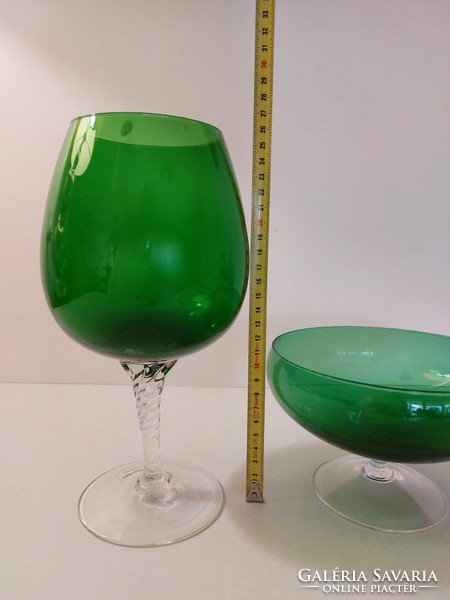 Modern zöld üveg talpas dísztál kínáló kehely 2 db