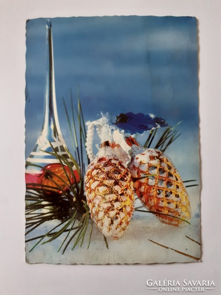 Retro postcard old photo postcard with cones on Christmas tree decorations
