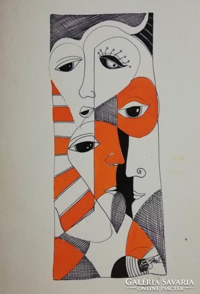 Parkas original Saxon Károly István abstract ink drawing black white orange color graphics