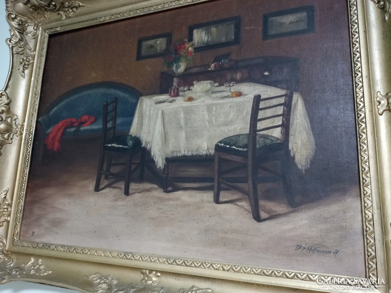 Nagyméretű festmény gyönyörű keretben - szobabelső - B.S. Hoffmann