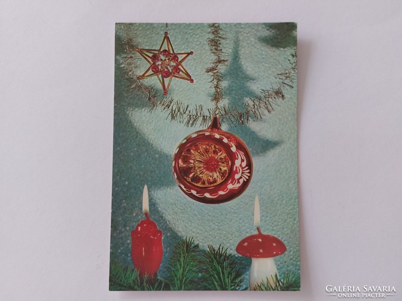 Régi karácsonyi képeslap retro levelezőlap karácsonyfadíszekkel