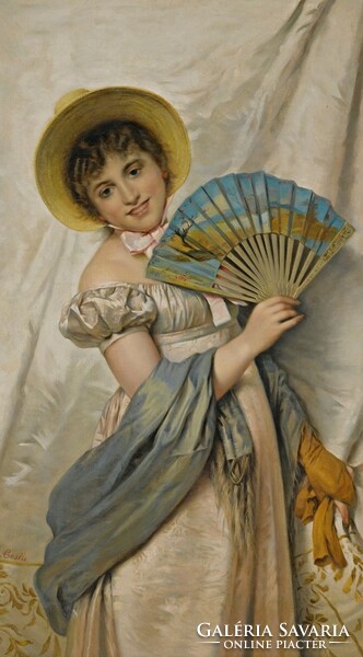 Giovanni Costa - Lány kék legyezővel - vászon reprint