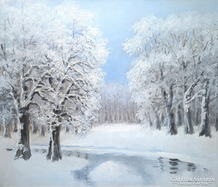 Téli tájkép patakkal, fákkal - Markovich Jenő olajfestménye, kerettel együtt! - havas erdei táj