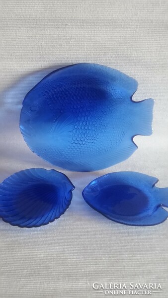 Különleges 3 részes kék üveg halas, kagylós kínáló szett