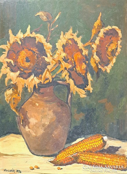 Csendélet napraforgóval, kukoricával (olaj, farost, kerettel 59x44 cm) Molnár 1976 jelzéssel