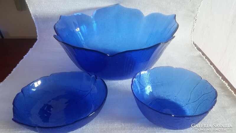 Francia kék üveg 3 részes virág és falevél formájú tálaló
