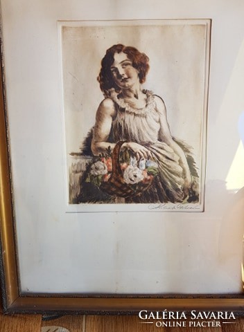 Prihoda István, jelzett, színes rézkarc, üvegezett keretben
