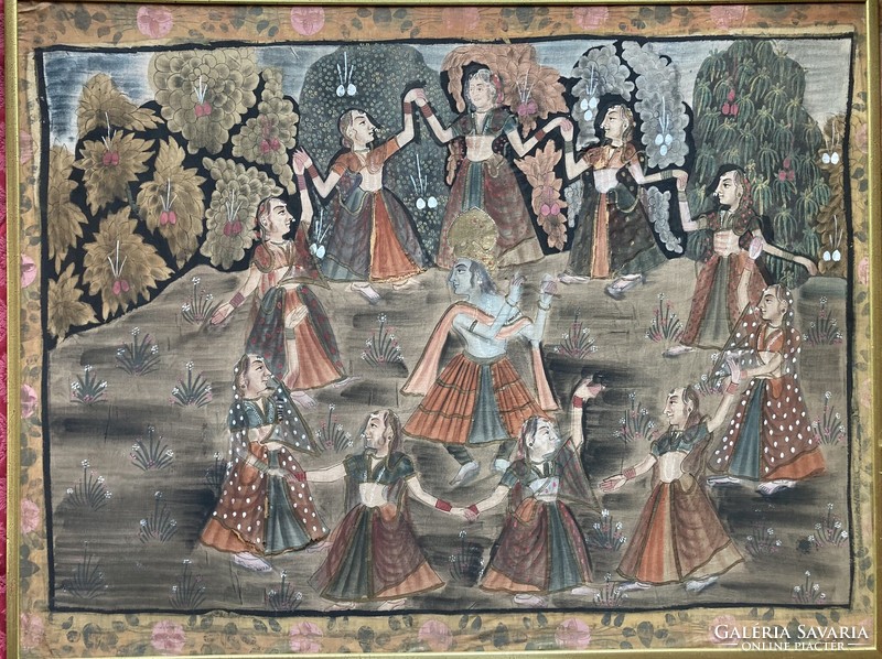 Nagyméretű indiai selyemkép--Táncosnők.