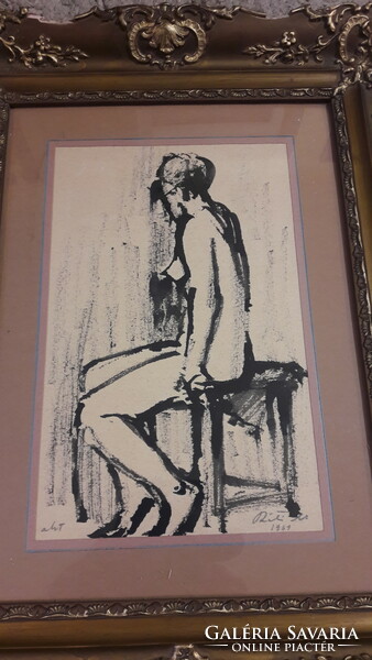 Mátyás Réti seated nude, ink drawing 1961 in blonde frame