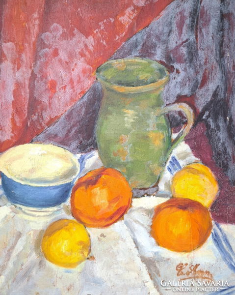 Virágcsendélet, olaj fa, hátulján csendélet citrusokkal (méret kerettel 38x45 cm) kétoldalas