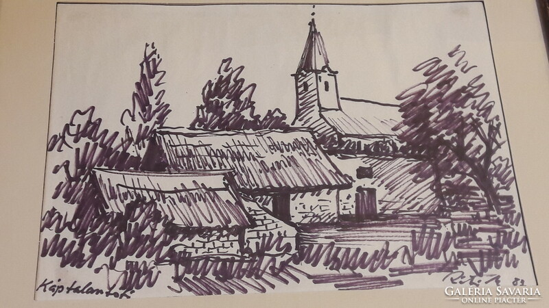 Street view of Mátyás Réti Káptalantót, ink drawing in blonde frame, 1983