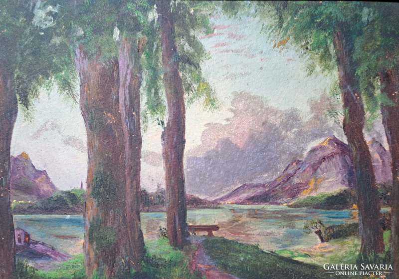 Lakeside landscape, oil on cardboard (size with frame 31x23 cm)