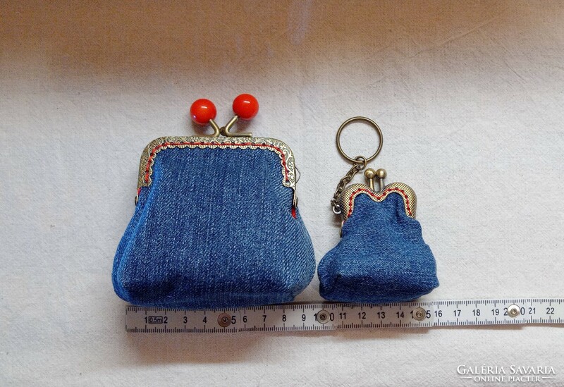 Denim red berry wallet and key ring, handmade product