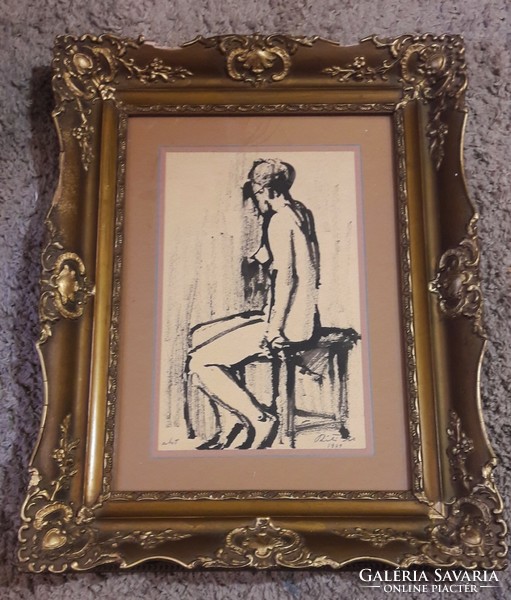 Réti Mátyás ülő akt ,  tus rajz 1961 Blondel keretben