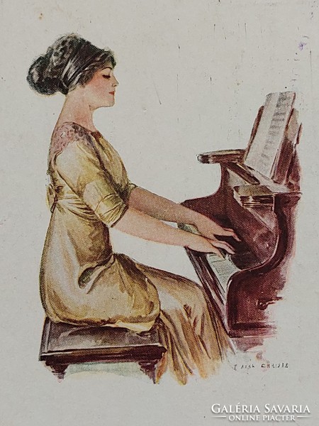 Régi képeslap 1916 szecessziós levelezőlap művészrajz hölgy zongora