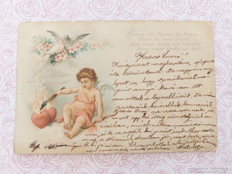 Régi képeslap 1900 levelezőlap angyal szív galamb motívum