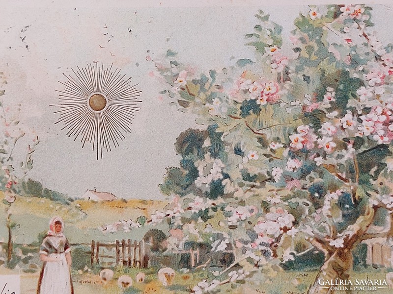 Régi képeslap 1899 levelezőlap tavaszi tájkép arany Nap motívum