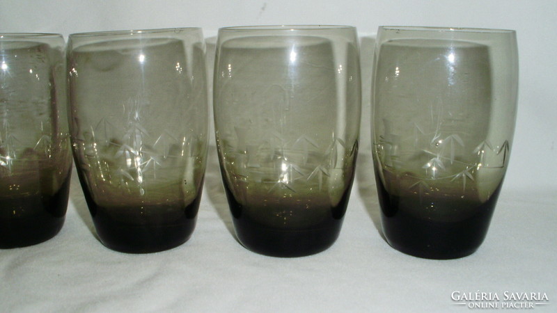 Six smoke-colored, etched glass glasses - together