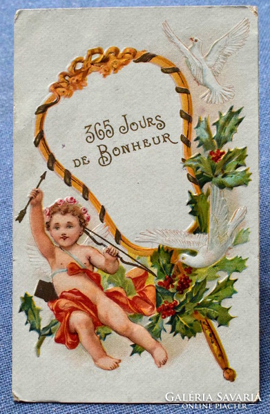 Antik dombornyomott Újévi üdvözlő képeslap angyalka nyíllal galambok magyal