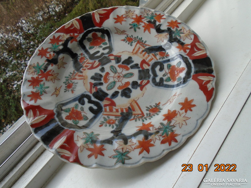 Antik kézzel festett Imari tányér színes fa, virág és madár mintákkal