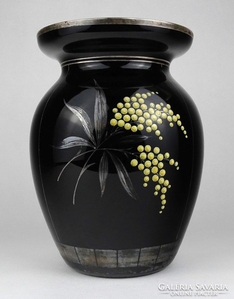 1L962 old black glass vase with silver decoration 22 cm