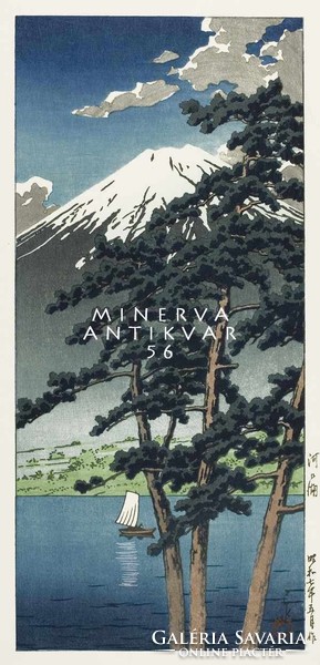 Régi japán fametszet - Fudzsi hegy tájkép tópart vitorlás fenyők 1932 Kitűnő minőségű reprint nyomat