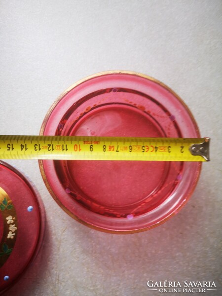 Antik szecessziós Rubin vagy rózsaszín üveg bonbonier cukor tartó ékszertartó dobozka, Muránó Cseh