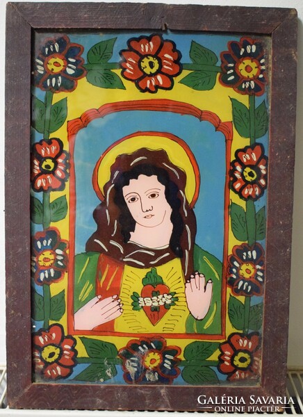 Antik festett erdélyi üveg kép ikon  31 x 44 cm magyar néprajz