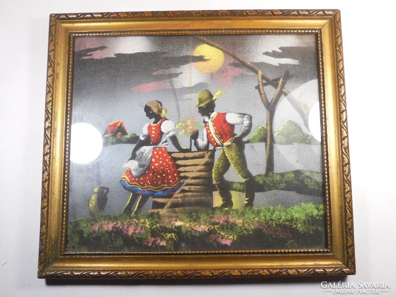 Old folk scene silk picture on canvas in a decorative gilded wooden picture frame - dimensions: 27 cm x 24 cm