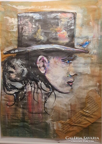Molnár Ilcsi  " Színesen,  lapok között - Hölgy kalapban " akvarell/ filc/tustinta    festmény