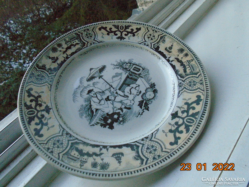 19.sz Petrus Regout Maastricht fekete chinoiserie mintás gyöngyház mázas tányér 3 tájképpel