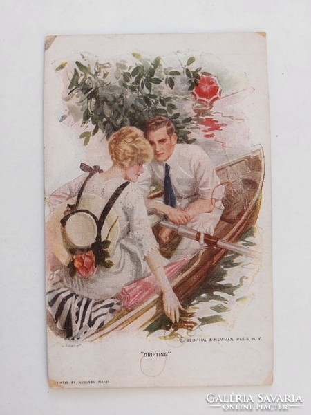 Régi képeslap levelezőlap csónakázó szerelmespár