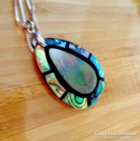 Large abalone inlaid mother-of-pearl pendant and chain