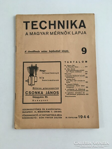 Technika - A Magyar Mérnök Lapja 1944/9, 25.évfolyam