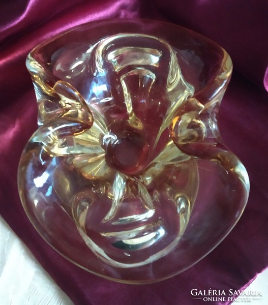 Bohemian glass bowl, centerpiece, thick-walled, amber glass