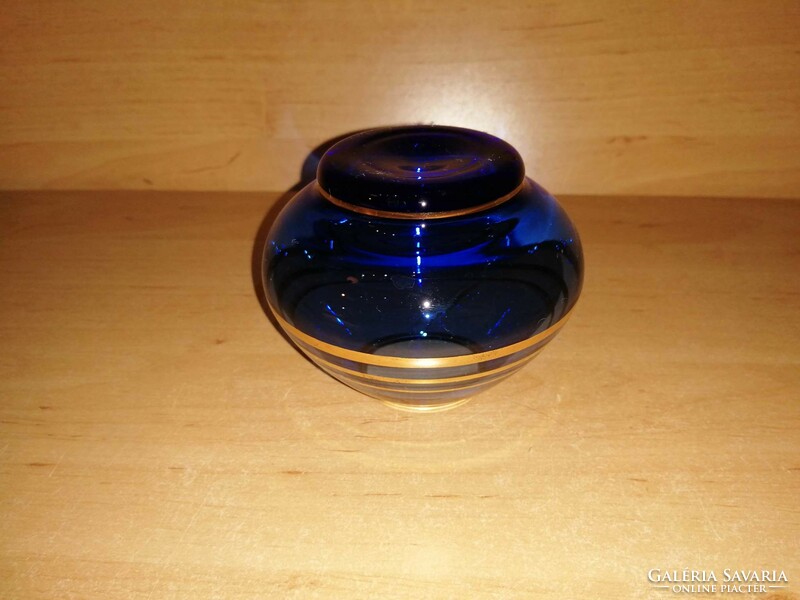 Arany csíkos kék színű üveg váza 7 cm magas (20/d)