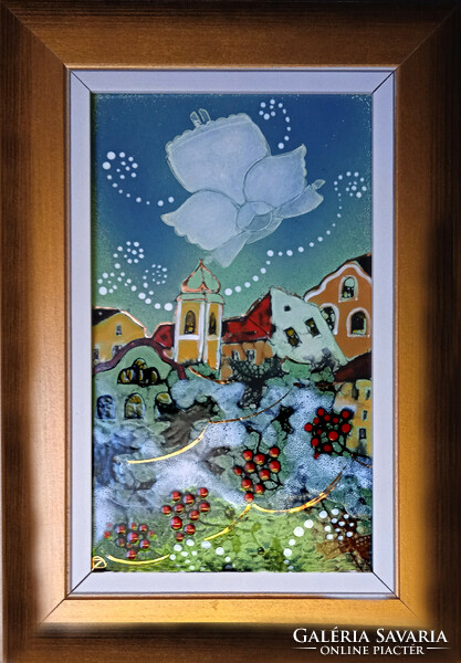 Kornélia Fehér: White Christmas - fire enamel - framed 32x22cm - artwork 25x15cm - 19/605