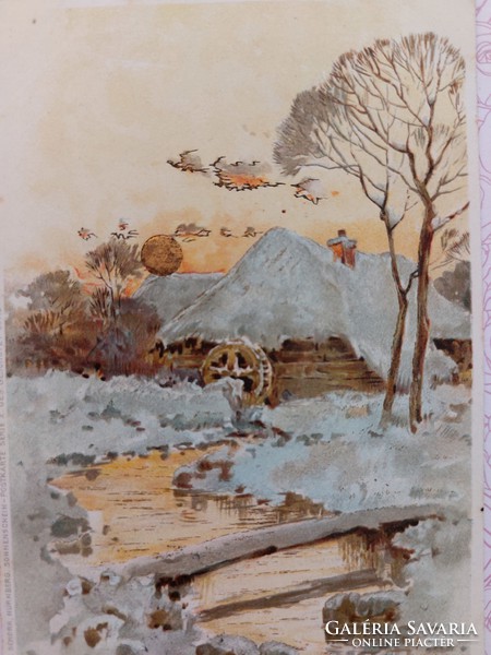 Régi képeslap 1899 levelezőlap vízimalom havas tájkép arany Nap motívum