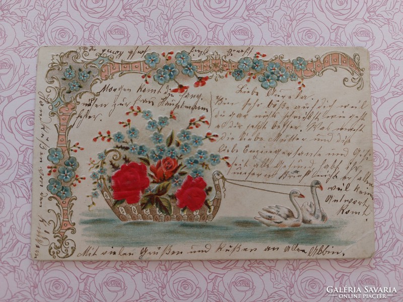 Old postcard embossed postcard with silk overlay forget-me-not rose swan